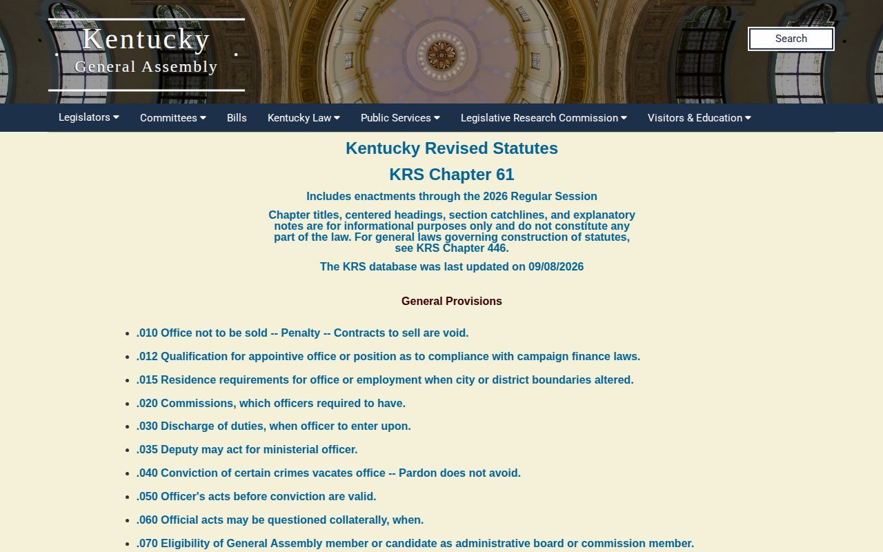 Official Kentucky Legislature KRS Chapter 61 public records page