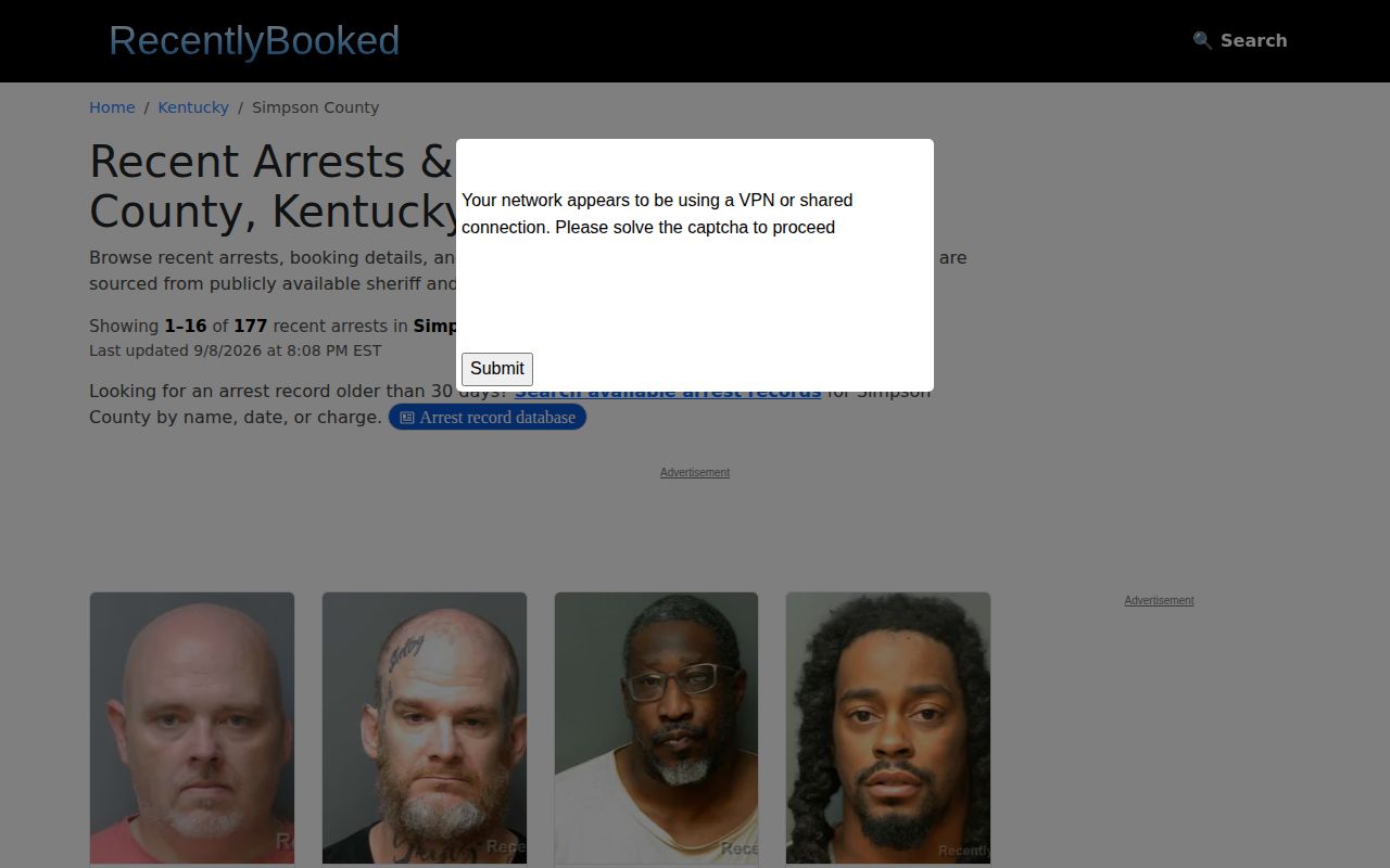 Unofficial Simpson County multi-day arrest archive interface
